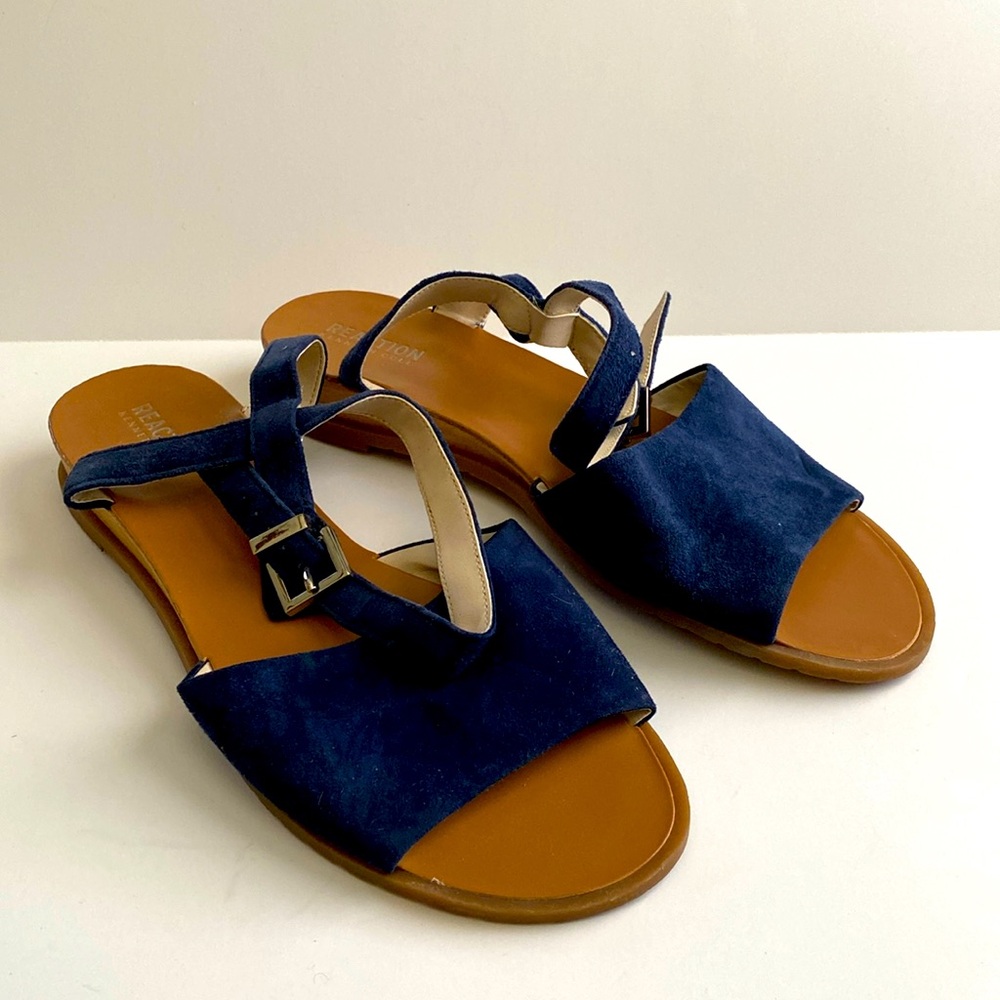 Kenneth Cole Reaction Navy Blue Jolly Leather Upper Suede Sandals Size 10
